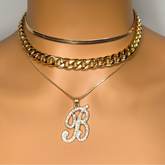 3PC Layered Letter B Rhinestone Gold Chainlink Snake Necklace Bundle Set - Picture 3 of 7
